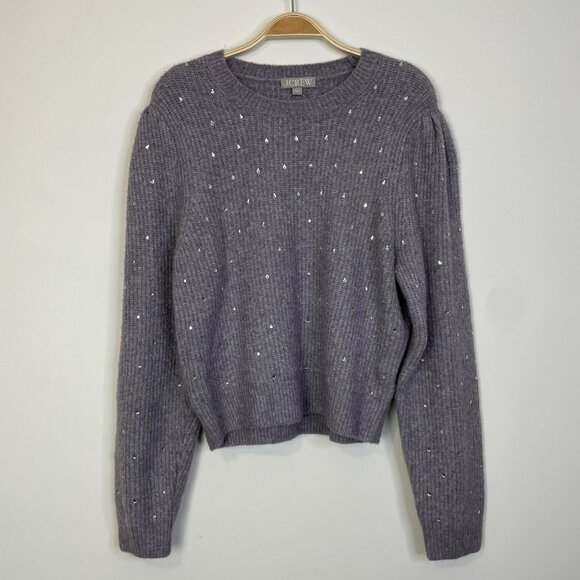 J. Crew Puff Sleeve Rhinestone sweater Supersoft yarn Wool Alpaca Large Sparkly - Picture 2 of 10